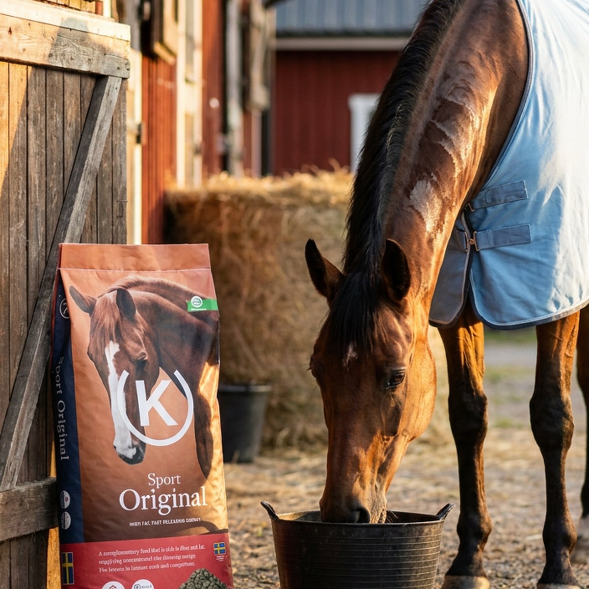Säck Krafft Sport Original vid stalldörren medan en sporthäst i tunt täcke äter pellets ur en hink efter arbete