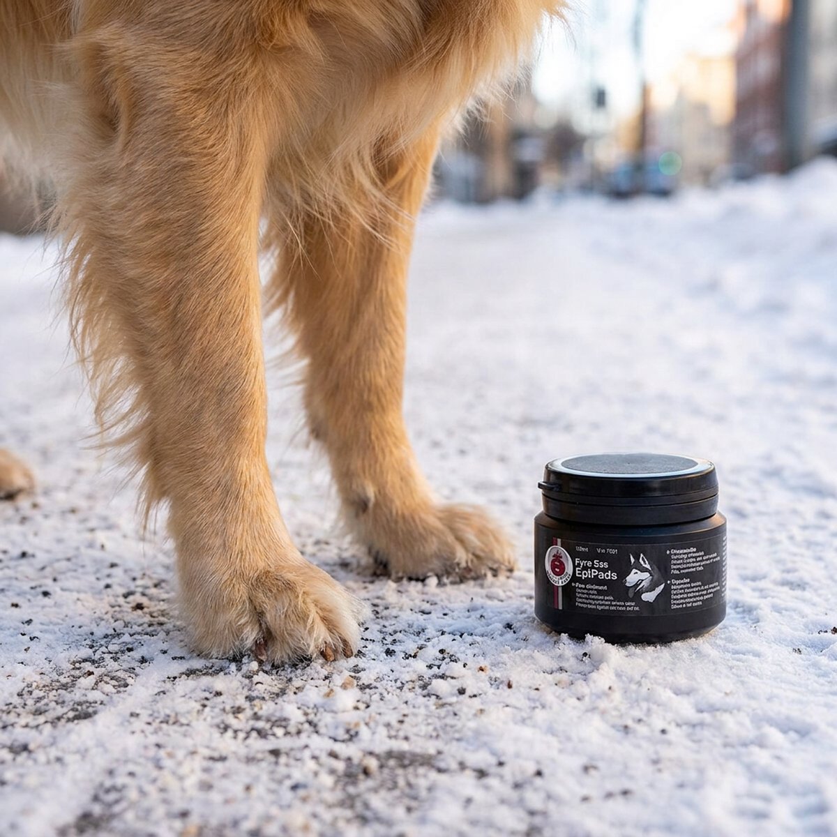 Golden retriever står på en snöig, saltad trottoar med framtassarna synliga, bredvid står en stängd svart burk tassalva