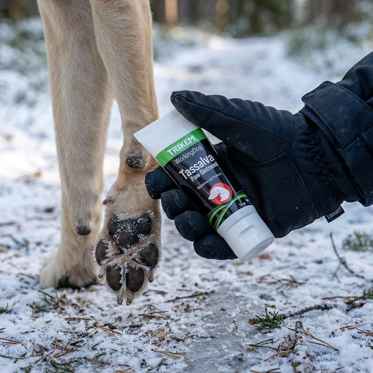 Hand i svart vinterhandske håller en vit och svart tub tassalva intill en labradors lyfta tass på en frostig skogsstig