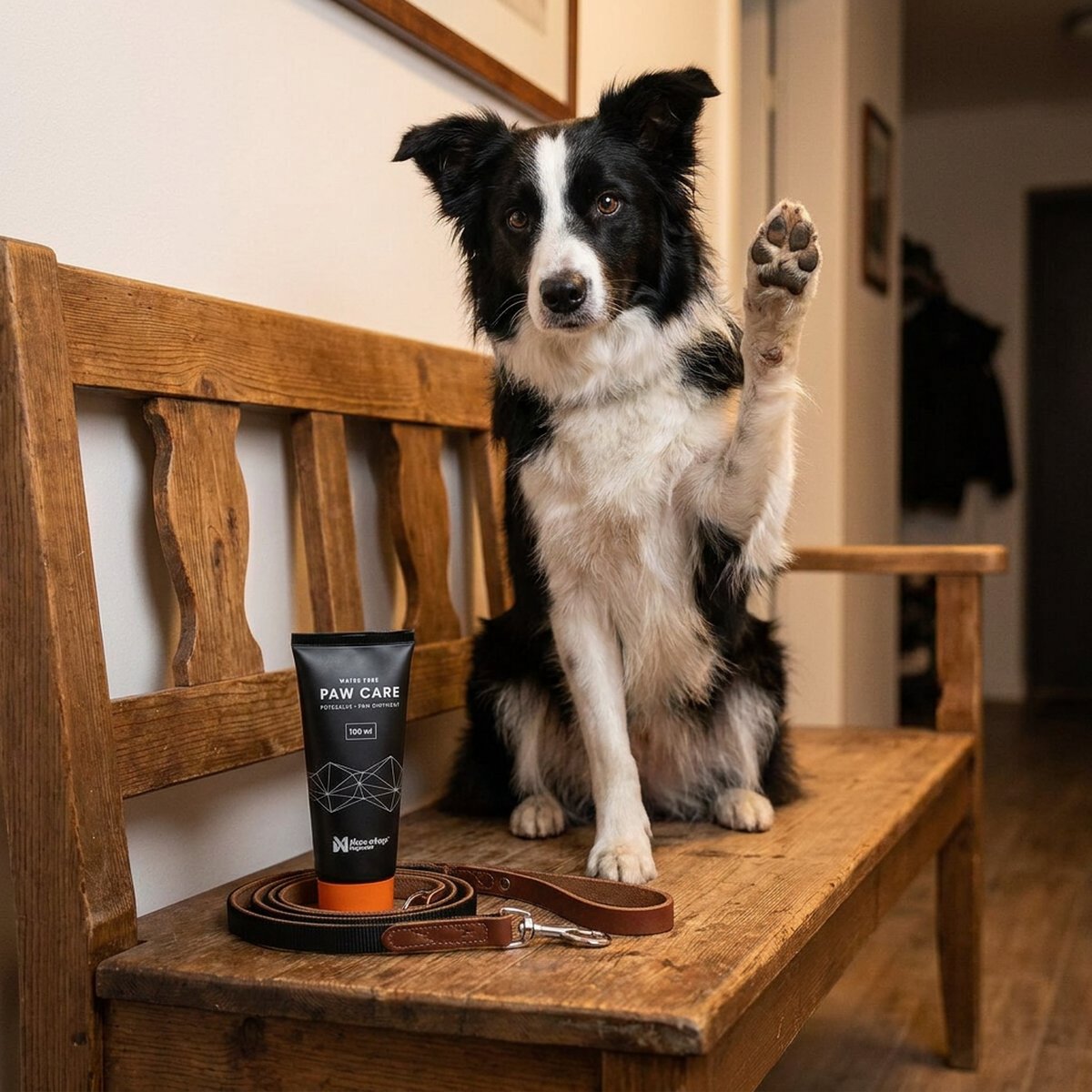 Svart tub tassalva med orange kork står på en träbänk i en hall bredvid en koppel, en border collie sitter bredvid med ena framtassen lyft