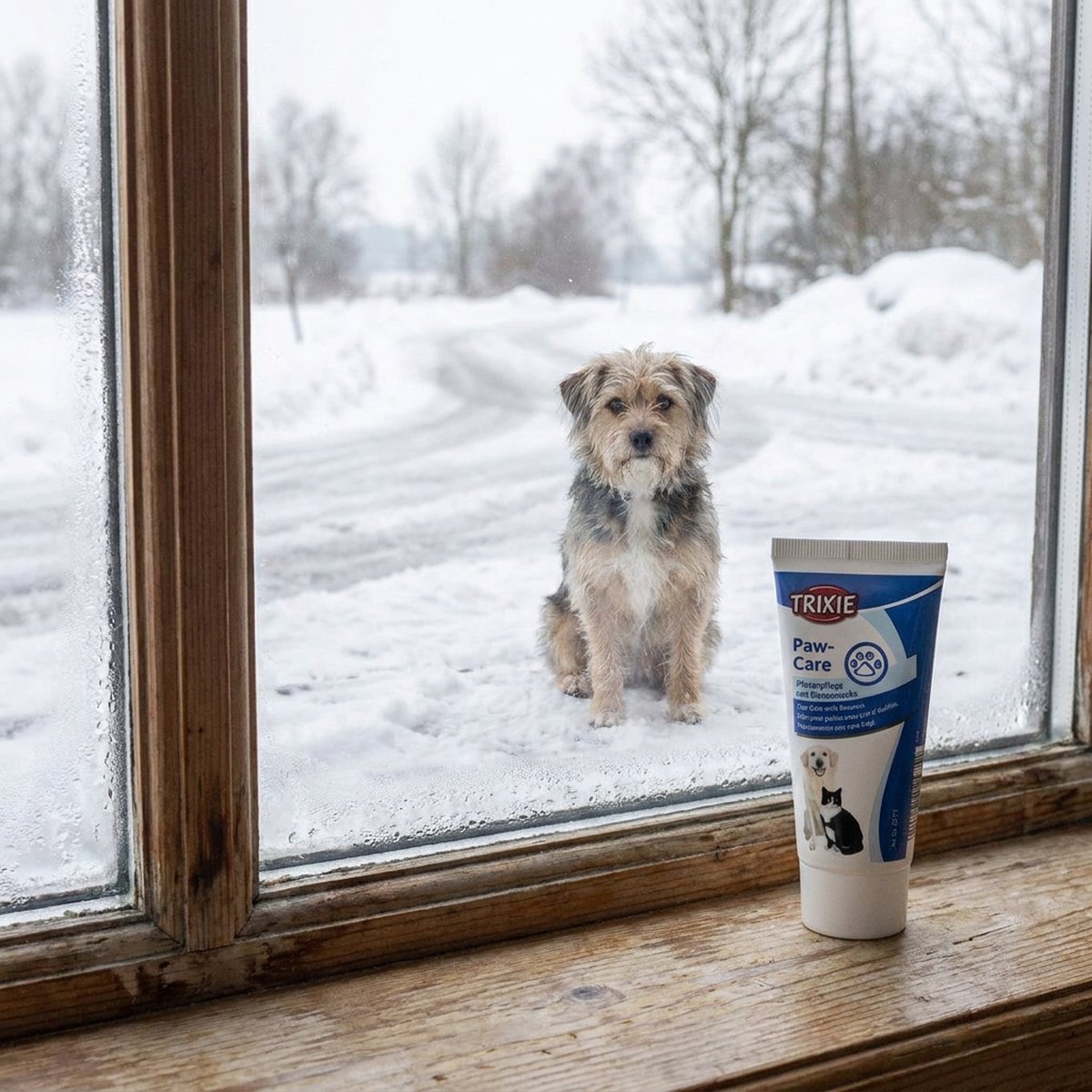 Blå och vit tub tassalva står på en fönsterbräda, utanför i snön sitter en liten blandrashund på en plogad väg