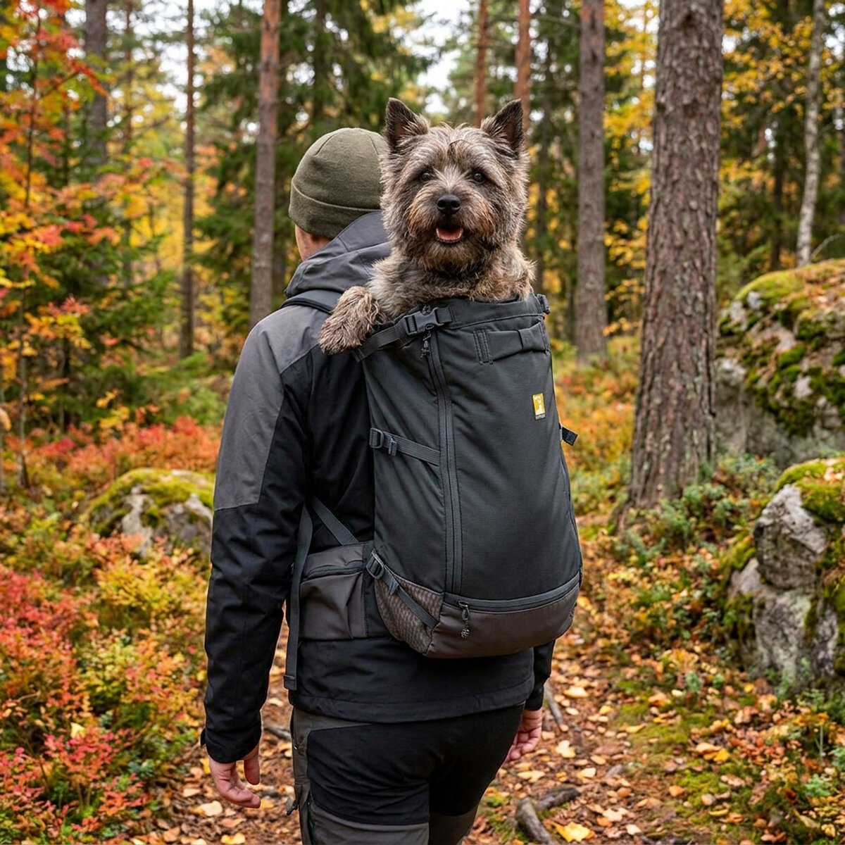 Vandrare går på en skogsstig på hösten med en grå bärryggsäck för hund, en liten gråbrun terrier tittar ut över ryggsäckens övre kant