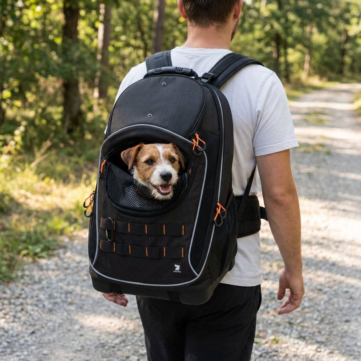 Man går på en grusväg i skogen med en svart bärryggsäck med orange detaljer, en liten brun och vit jack russell tittar ut genom nätöppningen på framsidan
