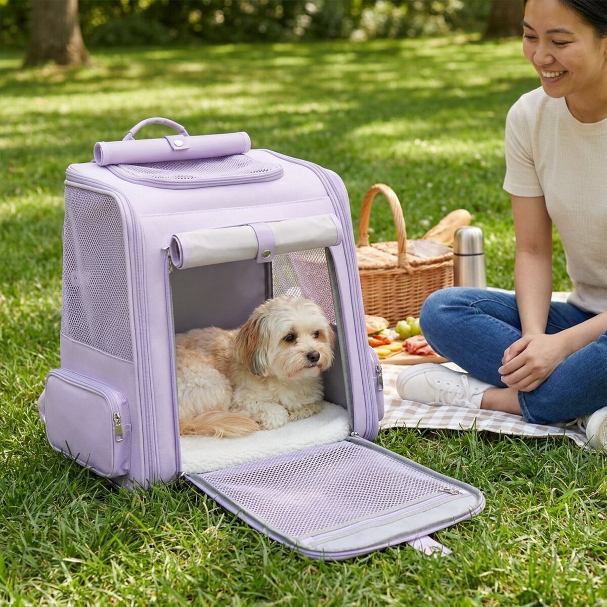 Ljuslila utdragbar bärryggsäck för hund står på gräset vid en picknick med nätpanelen utfälld, en liten ljus hund ligger på en fleecekudde inuti och ägaren sitter bredvid