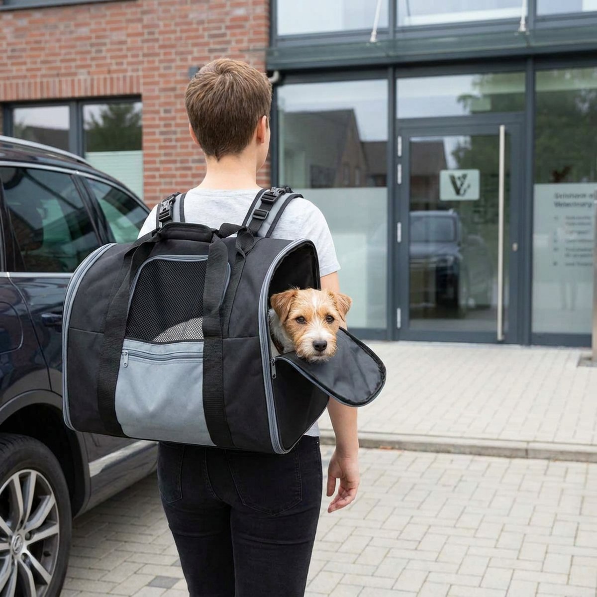 Person bär en svart och grå bärryggsäck för hund på ryggen och går från en parkerad bil mot en veterinärklinik, en liten hund tittar ut genom öppningen på sidan