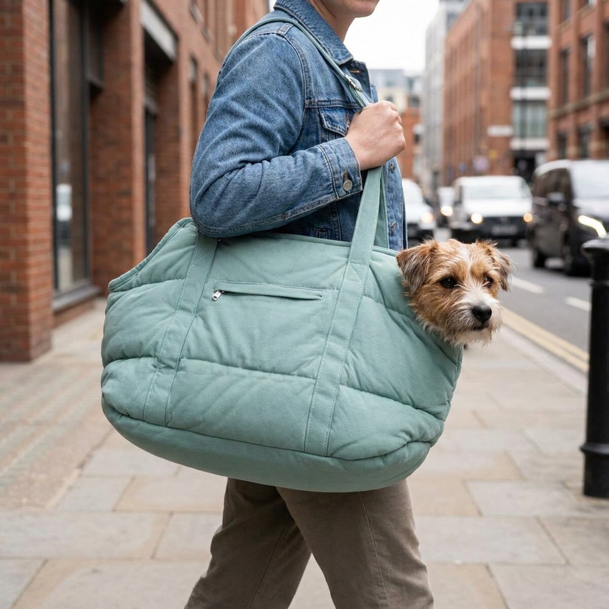Person bär en vaddad salviagrön hundväska över axeln på en gata i stan, en liten hund tittar ut genom öppningen i ena änden