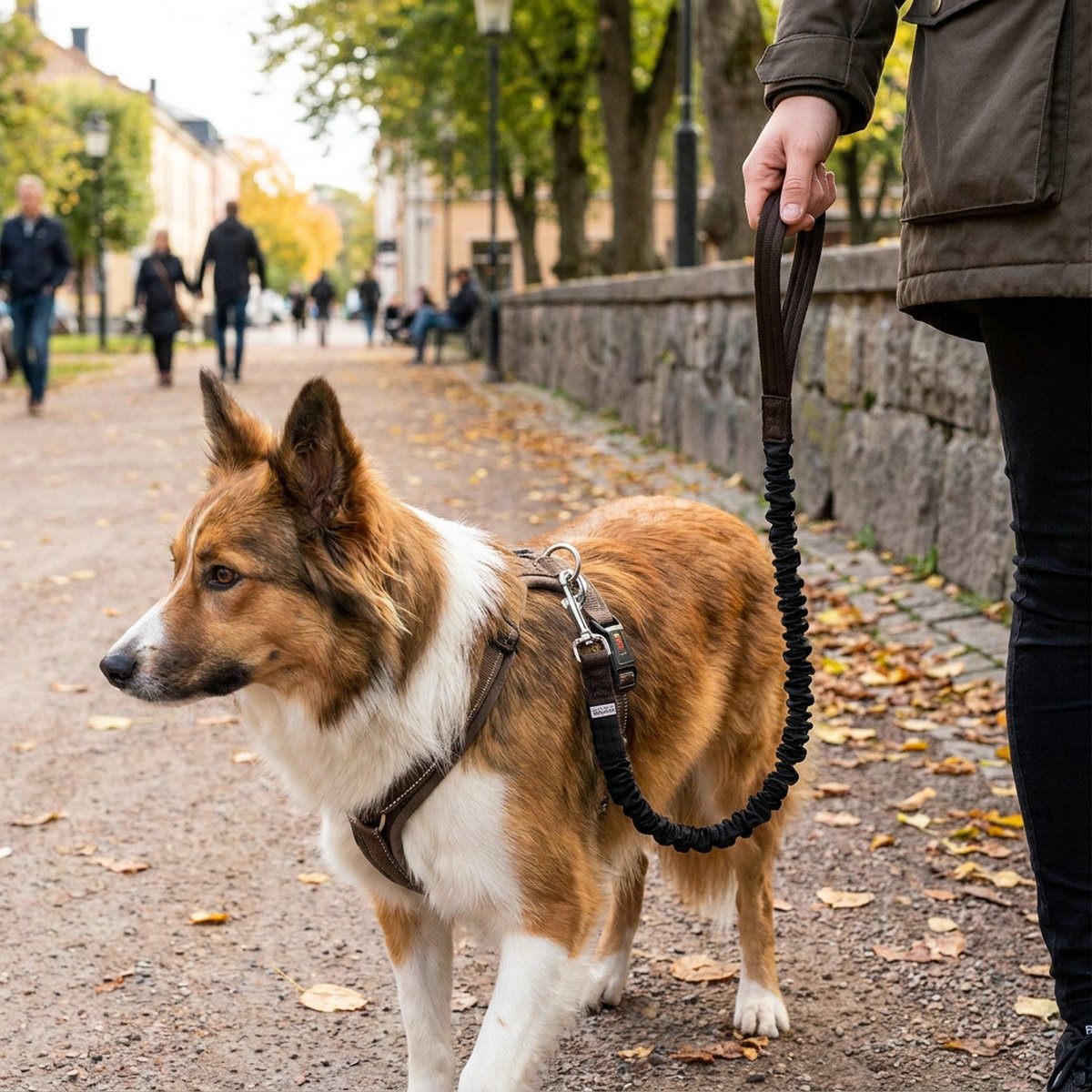 Brun och vit blandrashund i sele går i en park på hösten, ägarens hand håller handtaget på ett mörkbrunt koppel med en ihopdragen svart elastisk del