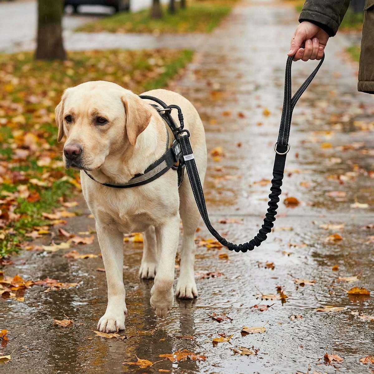 Gul labrador i sele går lugnt på en blöt höstig trottoar med löv, ägarens hand håller i ett svart koppel med reflexer och en ihopdragen elastisk del nära handen