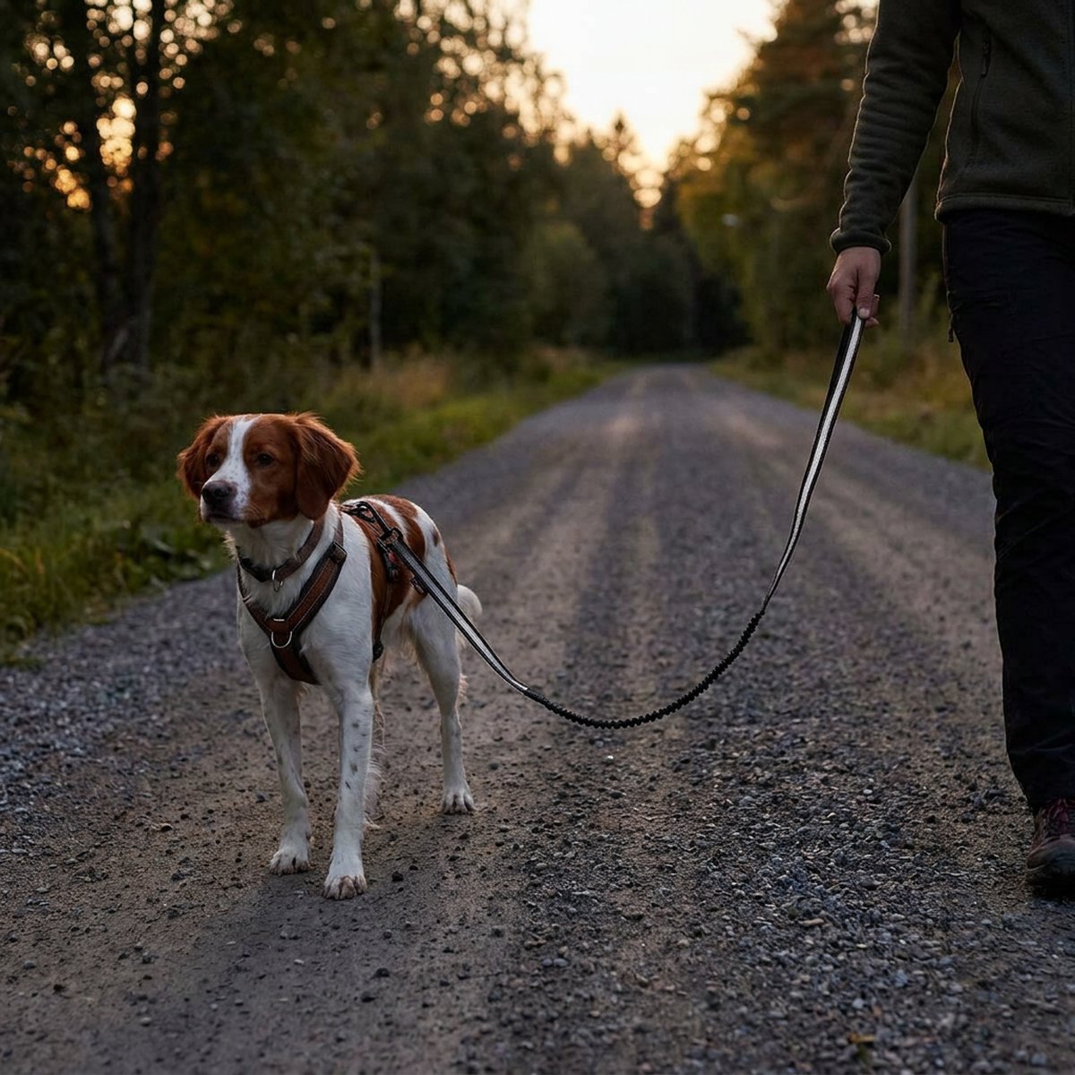Brun och vit spaniel i sele går bredvid sin ägare på en grusväg i skymningen med ett tunt svart reflekterande expanderkoppel i en lätt båge
