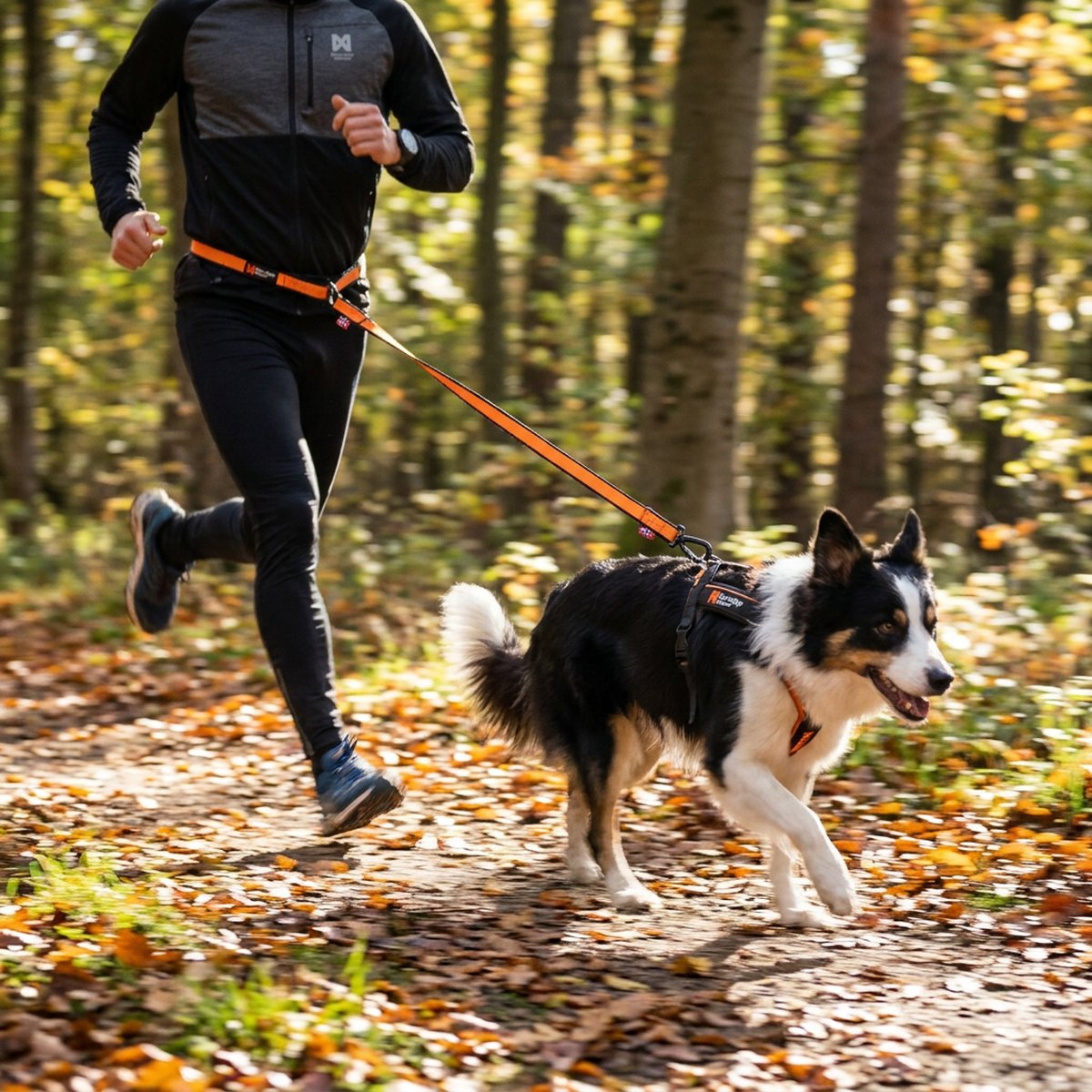 Löpare i svarta kläder springer på en skogsstig i höstlöv med en border collie i sele, ett platt orange elastiskt koppel går från midjan till selen
