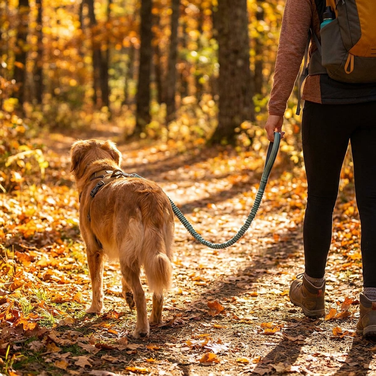 Person går på en skogsstig i höstljus med en golden retriever i sele, ett grågrönt elastiskt koppel med räfflad stretchdel hänger slakt mellan handen och selen