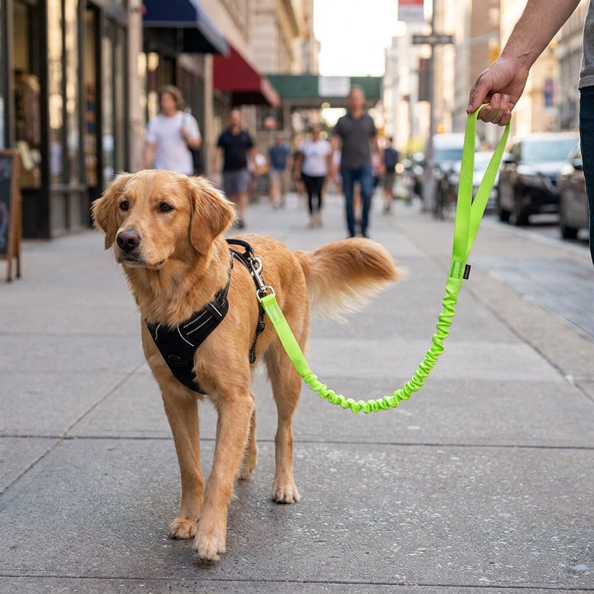 Golden retriever i svart sele på en stadsgata, ägarens hand håller handtaget på ett limegrönt koppel med elastisk del i mitten och en liten silverkarbin på selen