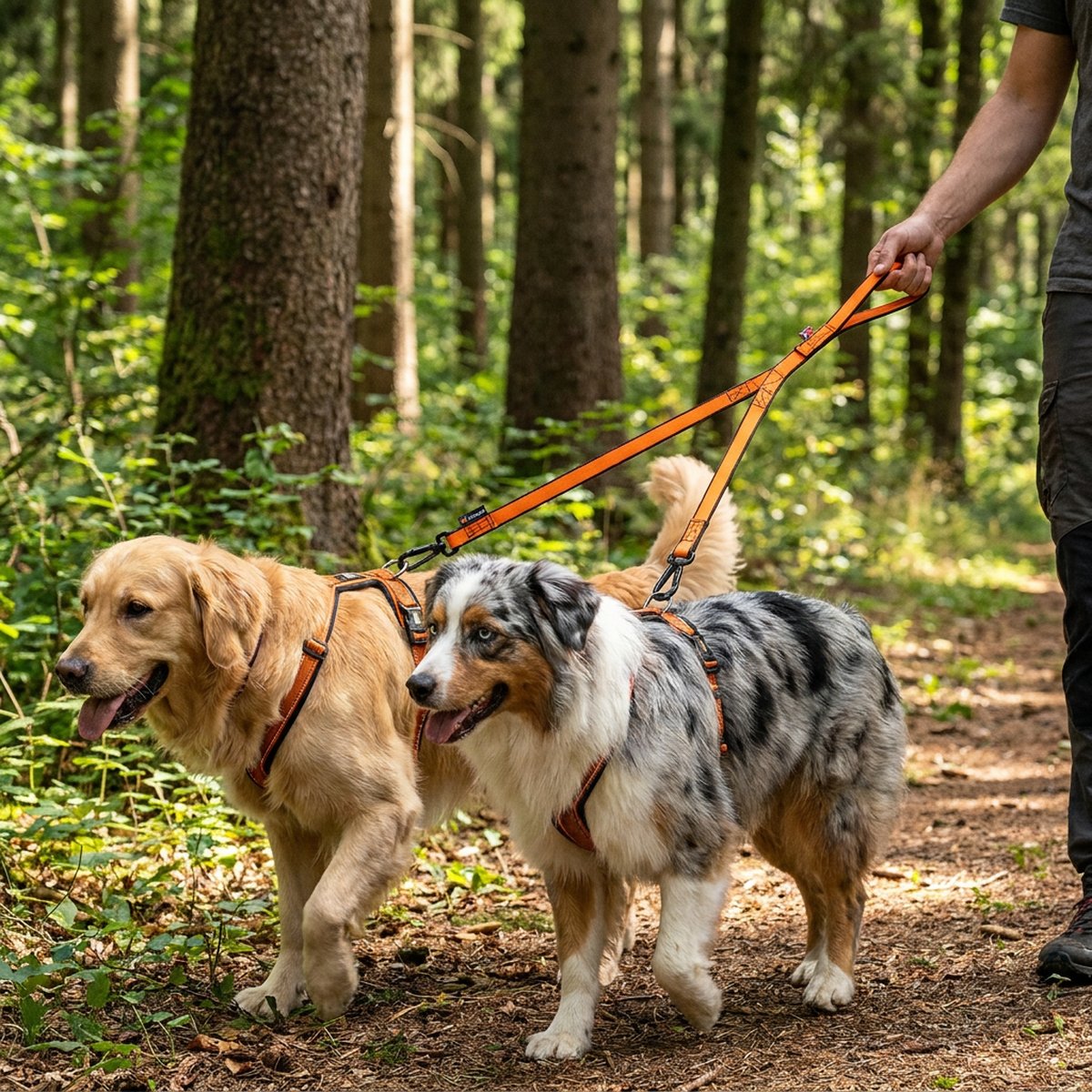 Två hundar, en golden retriever och en blå merle australian shepherd, går i sele på en skogsstig, ett orange Y-koppel går från ägarens hand till två selar
