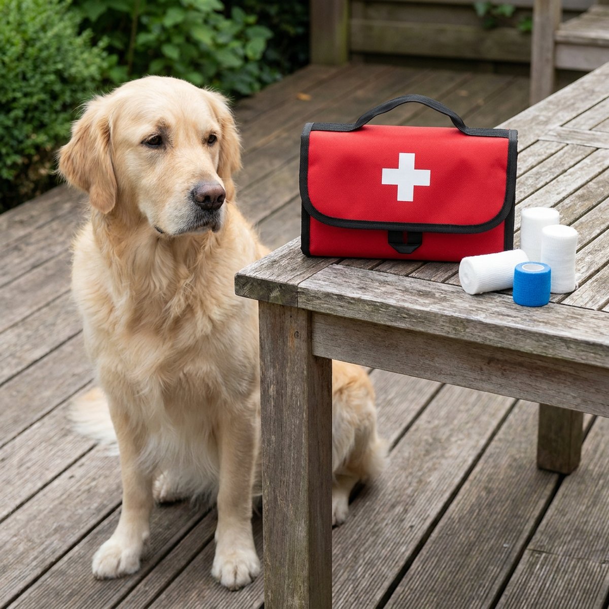 Röd första hjälpen-väska med vitt kors och svart handtag står på ett trädgårdsbord med gasbinda och en blå bandagerulle, en lugn golden retriever sitter bredvid på altanen
