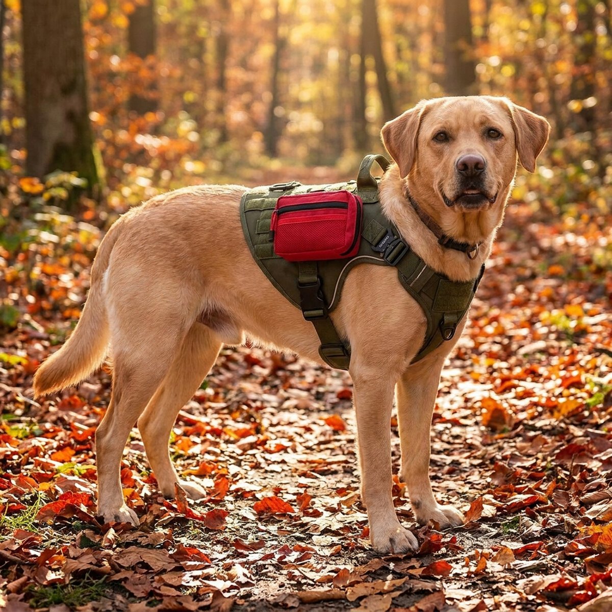 Labrador i oliv grön sele med kardborreband på ryggen och en liten röd dragkedjeväska fastsatt, på en skogsstig i höstljus