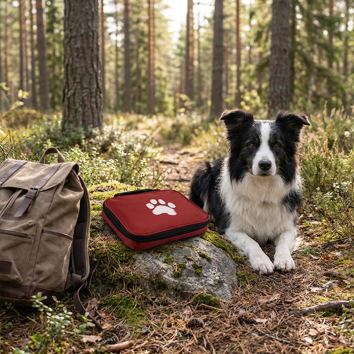Plan mörkröd första hjälpen-väska med vit tasssymbol på en mossbeklädd sten i en svensk skog, med en border collie liggande bredvid och en ryggsäck bakom