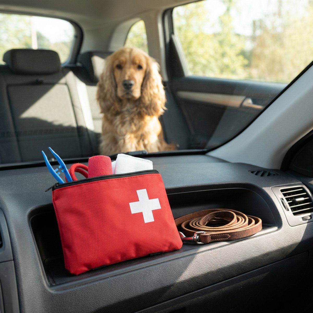 Röd första hjälpen-väska med vitt kors och innehåll som sticker upp, på en instrumentbräda i en bil bredvid en hundkoppel, med en cockerspaniel i bakgrunden