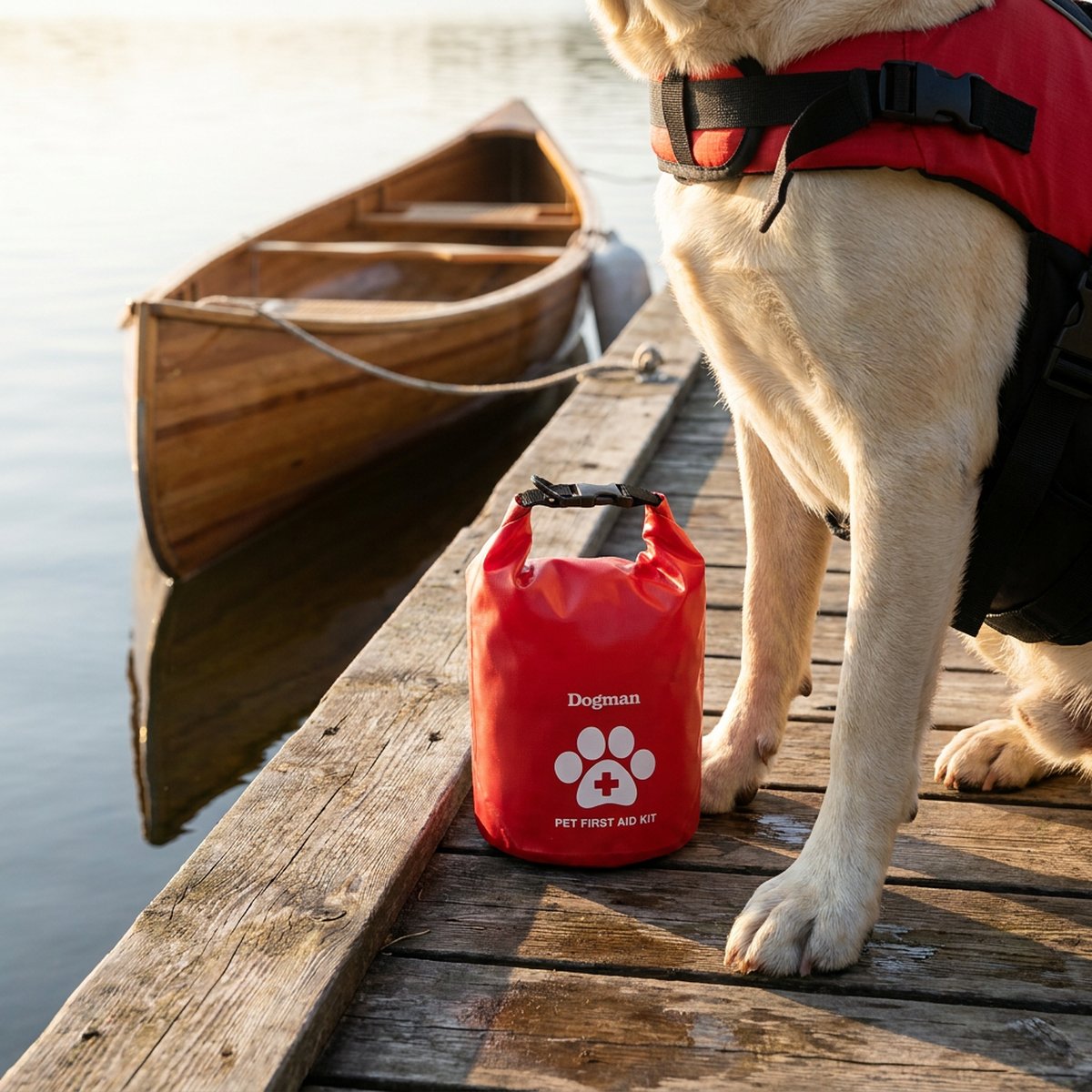 Liten röd Dogman-väska med rulltopp på en brygga bredvid framtassarna på en gul labrador i flytväst