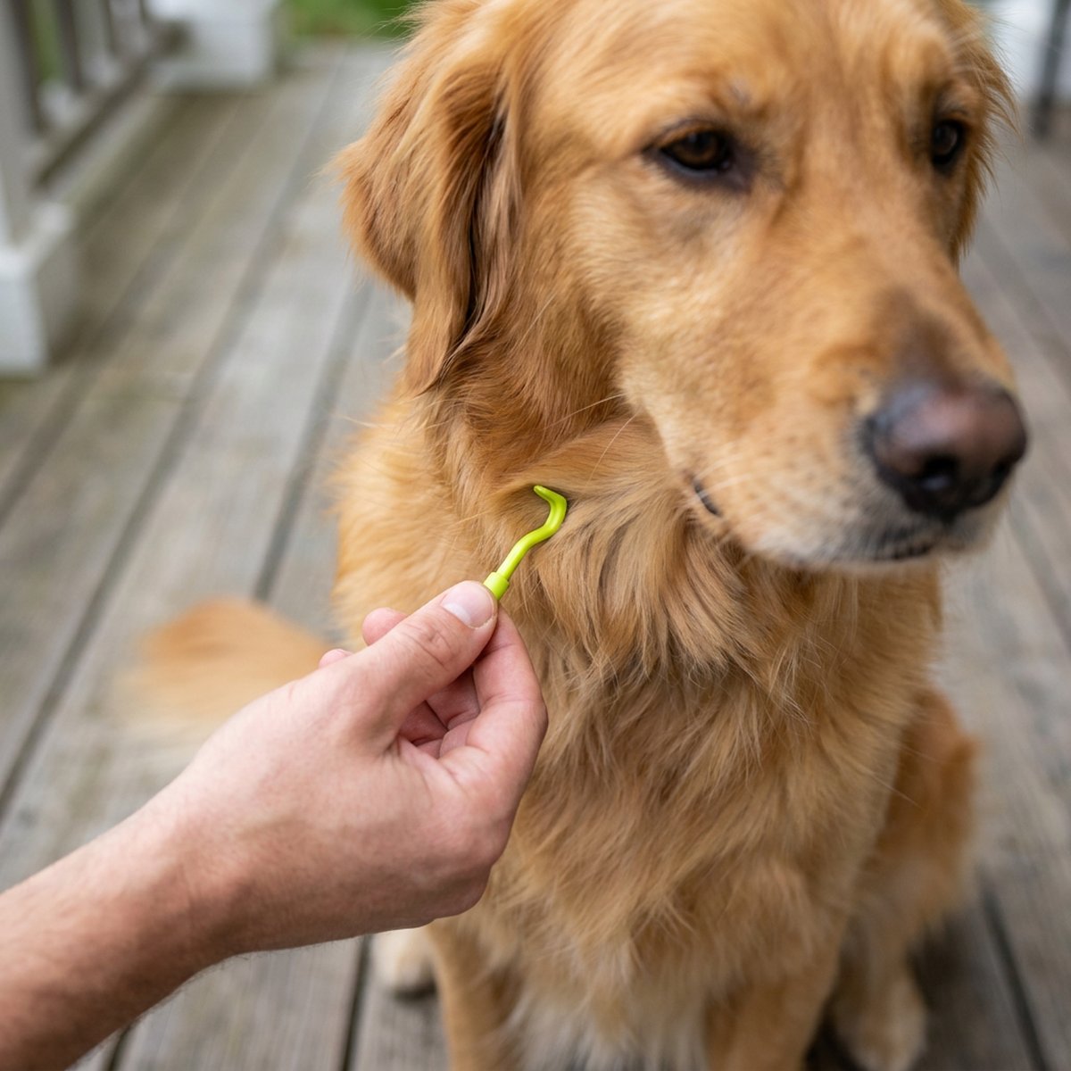 Hand håller en liten limegrön O’TOM-krok mot pälsen på halsen på en golden retriever på en veranda