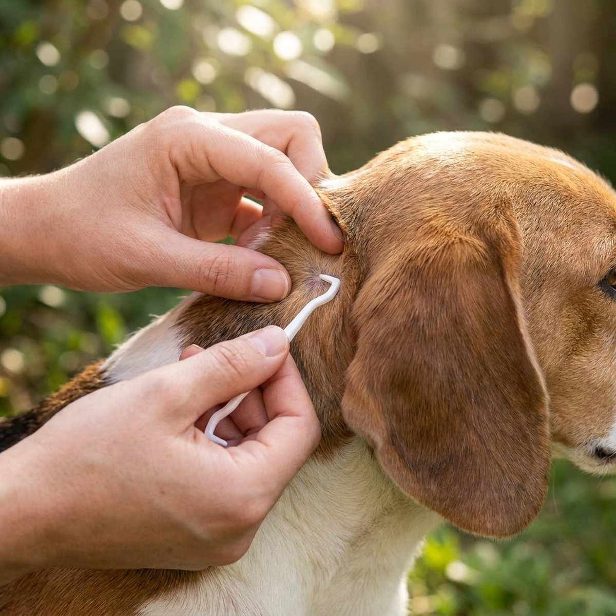Hand särar pälsen bakom örat på en beagle medan andra handen håller den lilla vita Francodex-plockaren