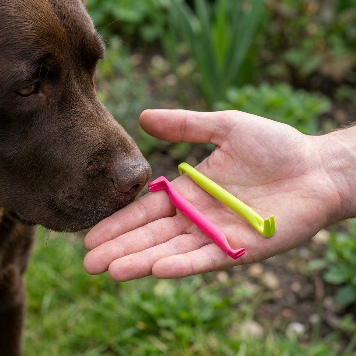 Två små platta Tick Lizard-plockare i rosa och limegrönt i en öppen handflata som en brun labrador nosar på