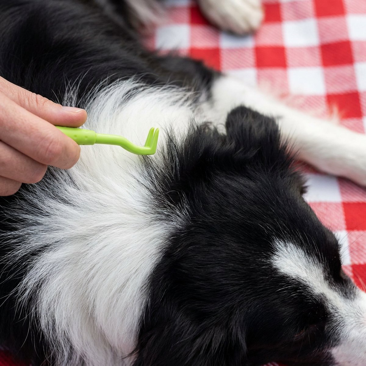 Hand håller en liten grön Hunter Ajka-krok mot pälsen på en border collie som ligger på en rutig picknickfilt