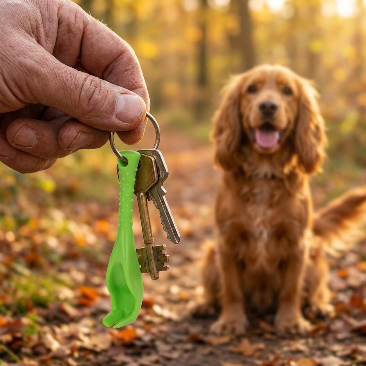 Grön Smartick-krok på en nyckelknippa i en hand, en cockerspaniel sitter på skogsstigen i bakgrunden