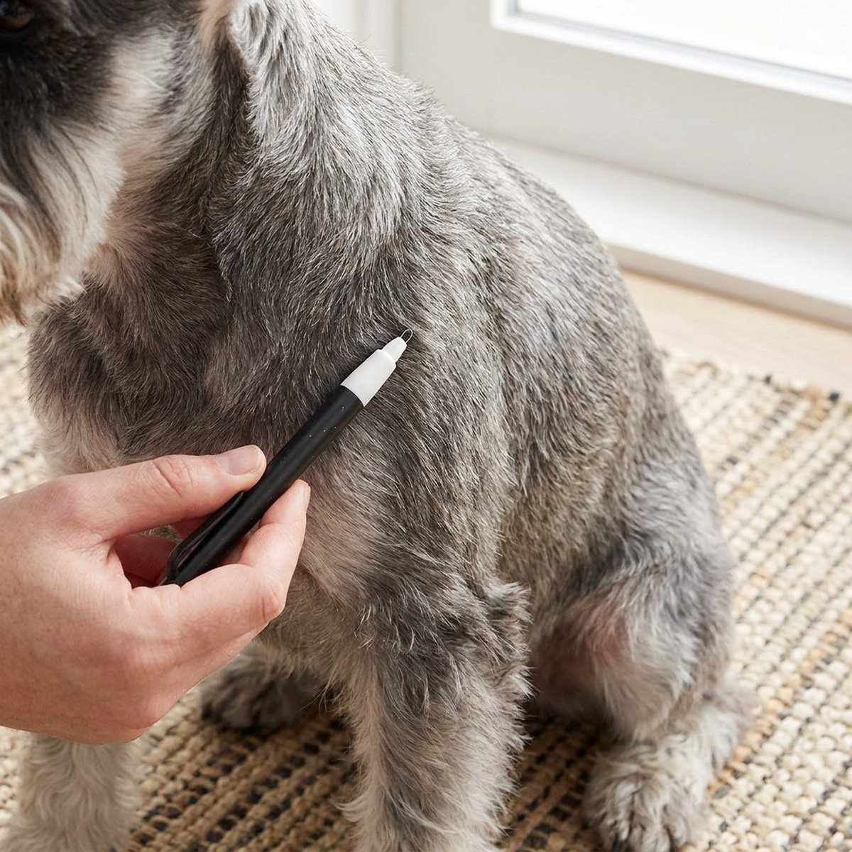 Hand håller den svarta Trixie-fästingpennan med vit spets mot pälsen på en grå schnauzer