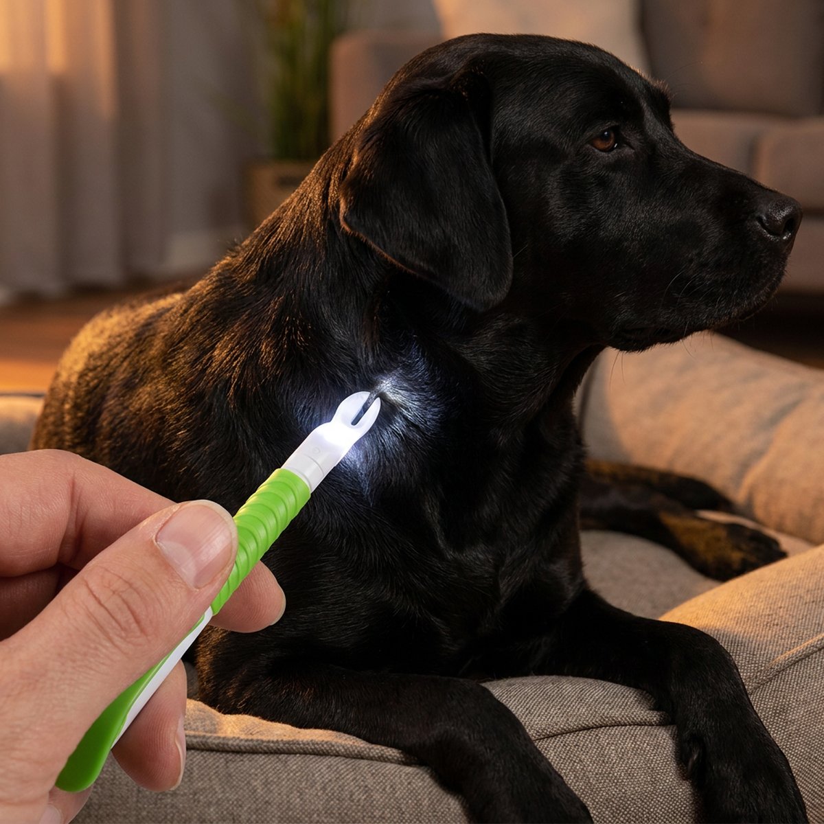 Trixie-fästingkroken med LED lyser upp pälsen på halsen på en svart labrador i en hundbädd