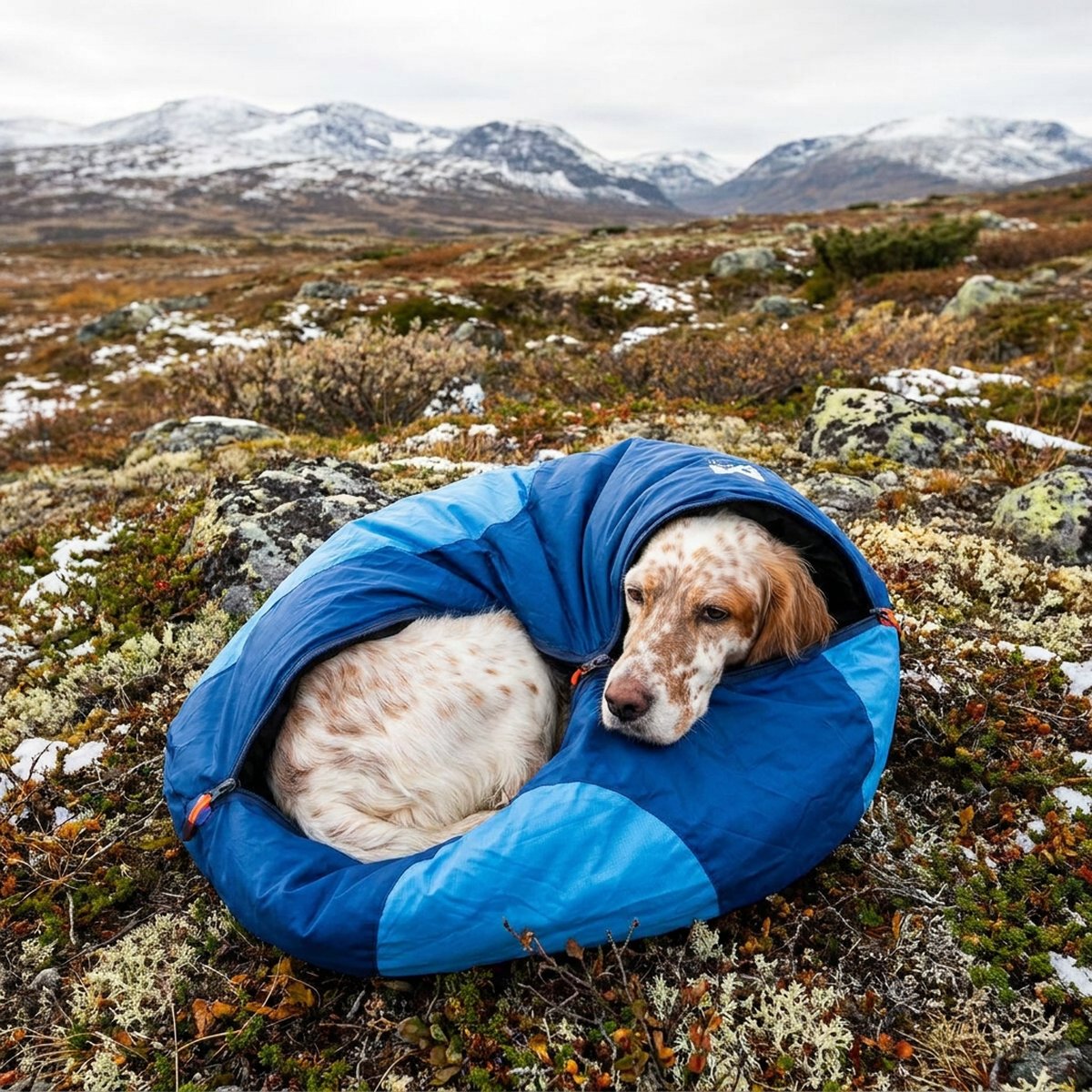 En vit och orange fläckig engelsk setter ligger hoprullad i en blå tvådelad sovsäck för hund på en stenig höstlig fjällhed med snöfläckar och berg i bakgrunden