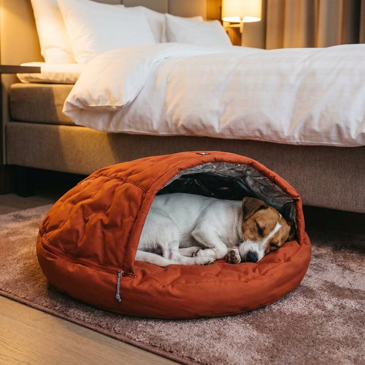 En liten jack russell sover i en rund grottformad rostorange quiltad sovsäck för hund på golvet bredvid en säng i ett hotellrum