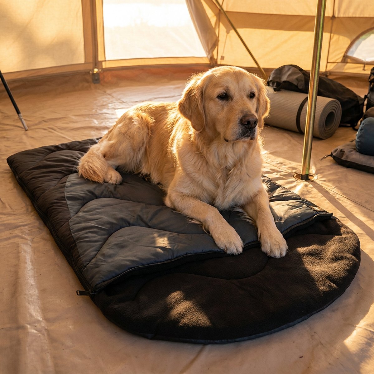 En golden retriever ligger på en svartgrå quiltad sovsäck för hund som är uppdragen och utbredd som en filt med svart fleecefoder, inne i ett tält i gyllene kvällsljus