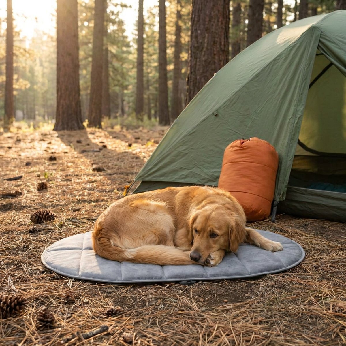 En golden retriever ligger hoprullad på ett grått ovalt quiltat liggunderlag för hund framför ett grönt tält i en tallskog, med en packad orange sovsäck bredvid