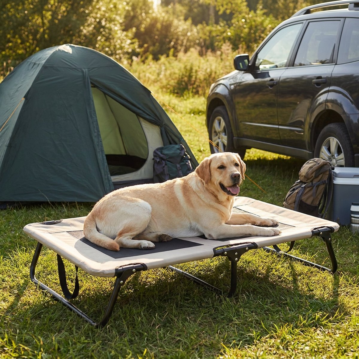 En labrador ligger på en upphöjd beige och svart campingsäng för hund med nätpaneler och metallben på gräs bredvid ett tält och en bil en solig sommardag