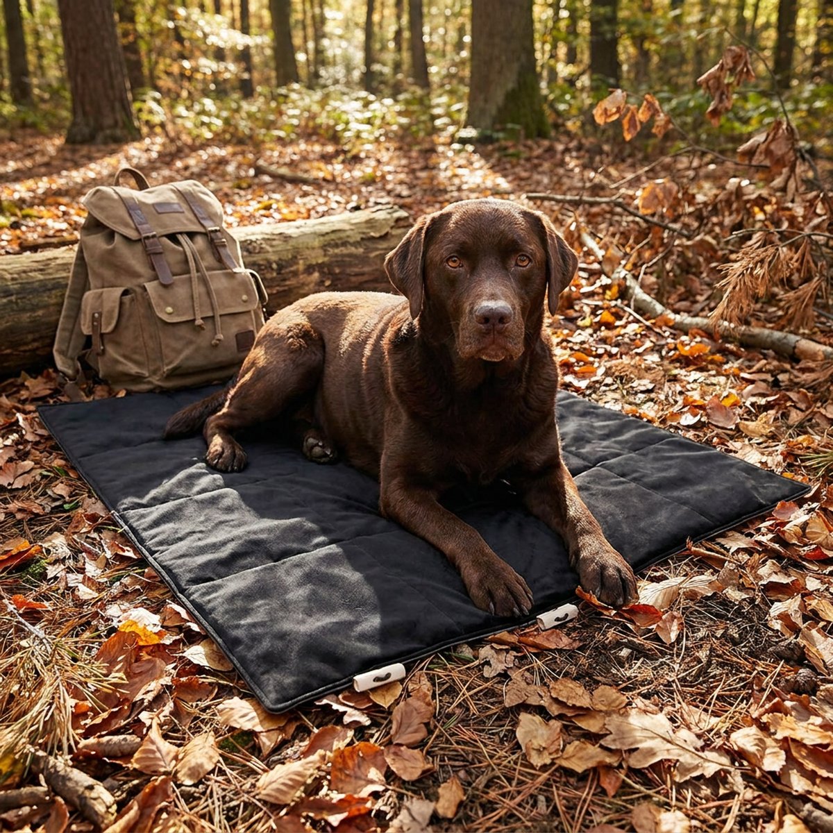 En chokladbrun labrador ligger på ett svart quiltat resunderlag i sammet med små vita knäppen i kanten, på en rastplats i en höstskog med en ryggsäck och fallna löv omkring