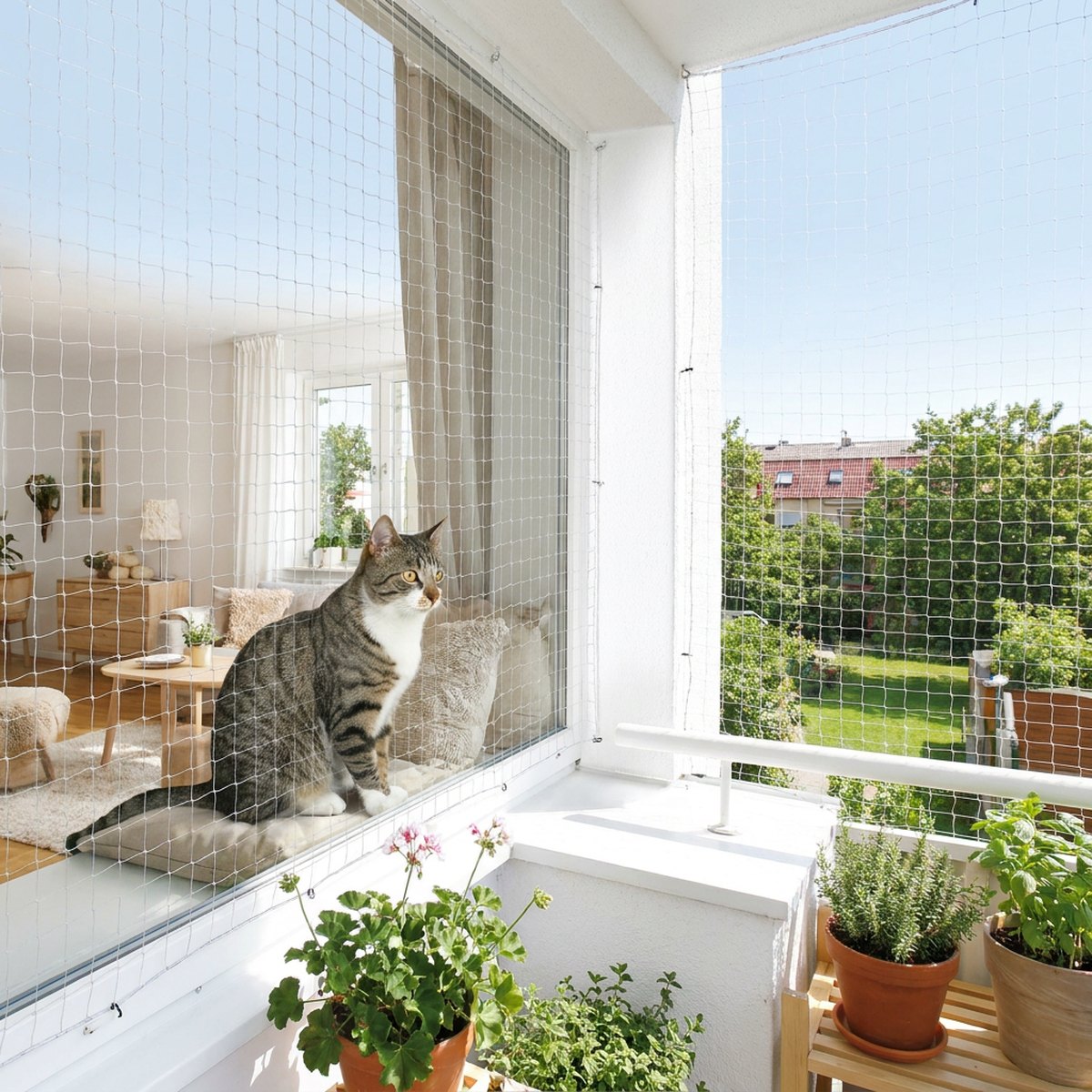 Tabbyrandig katt sitter på ett fönsterbräde bakom ett genomskinligt, näst intill osynligt kattnät