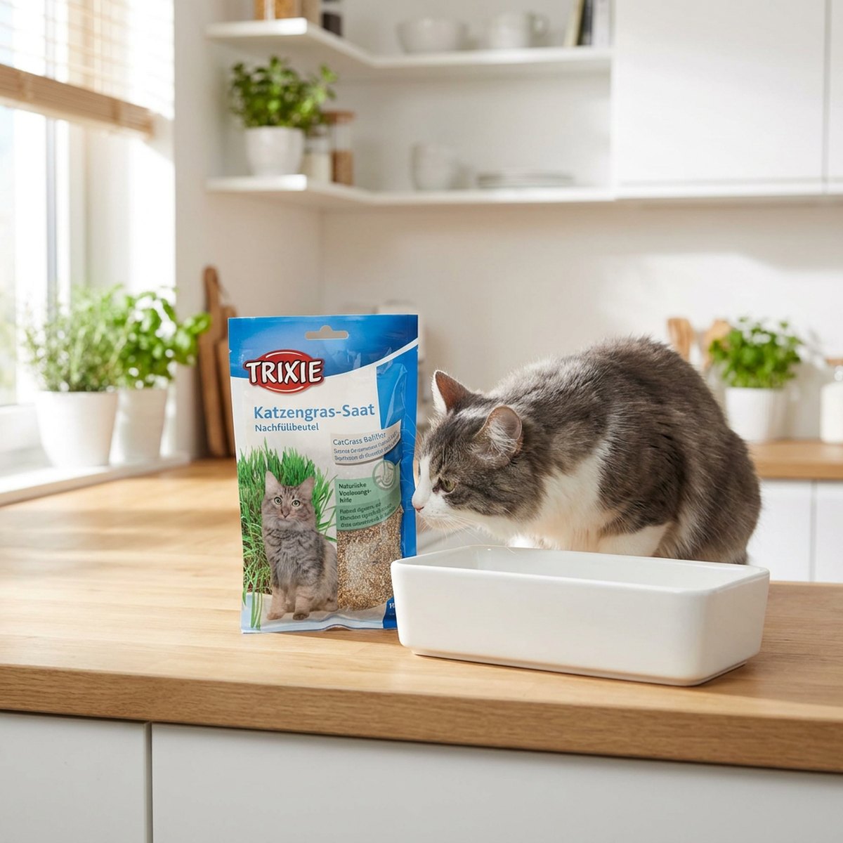 Blå och vit Trixie fröpåse för kattgräs på ett köksbänk bredvid en nyfiken katt
