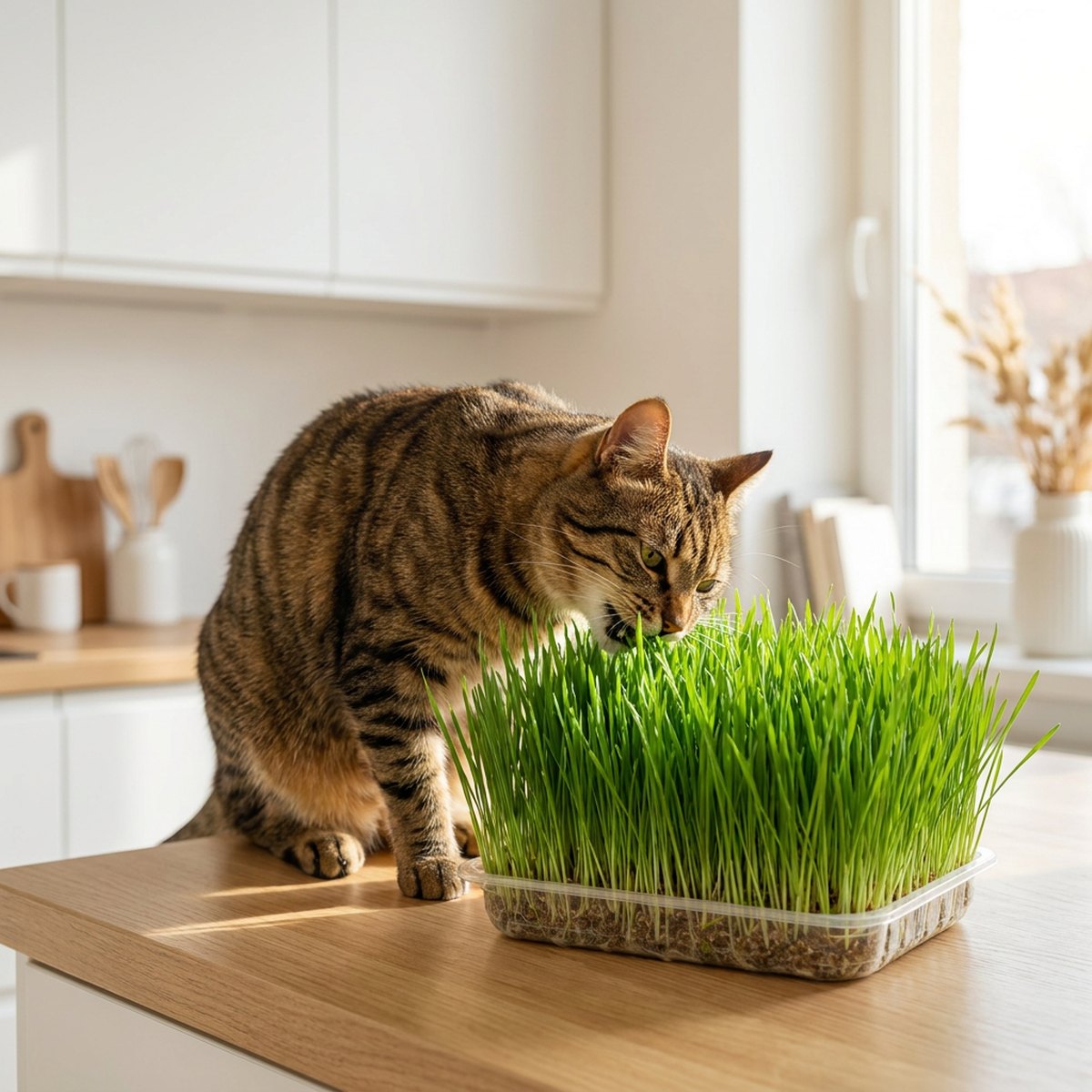 Katt som äter ur en genomskinlig plastbox med färdigodlat kattgräs på ett köksbord