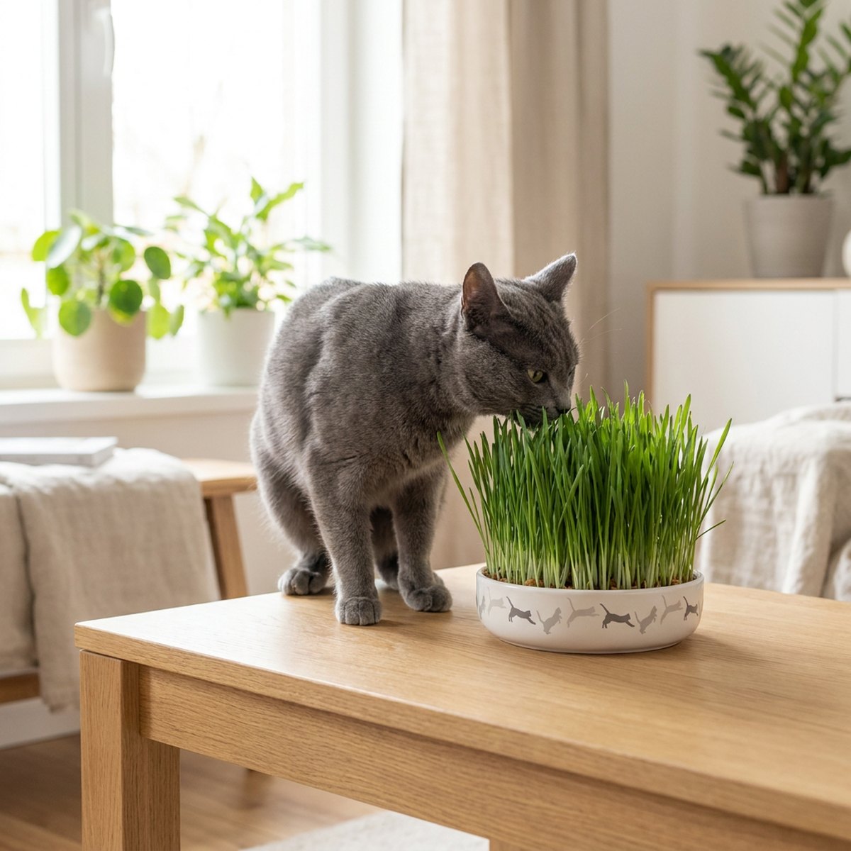 Grå katt som äter ur en vit keramikskål med kattmönster fylld med grönt kattgräs