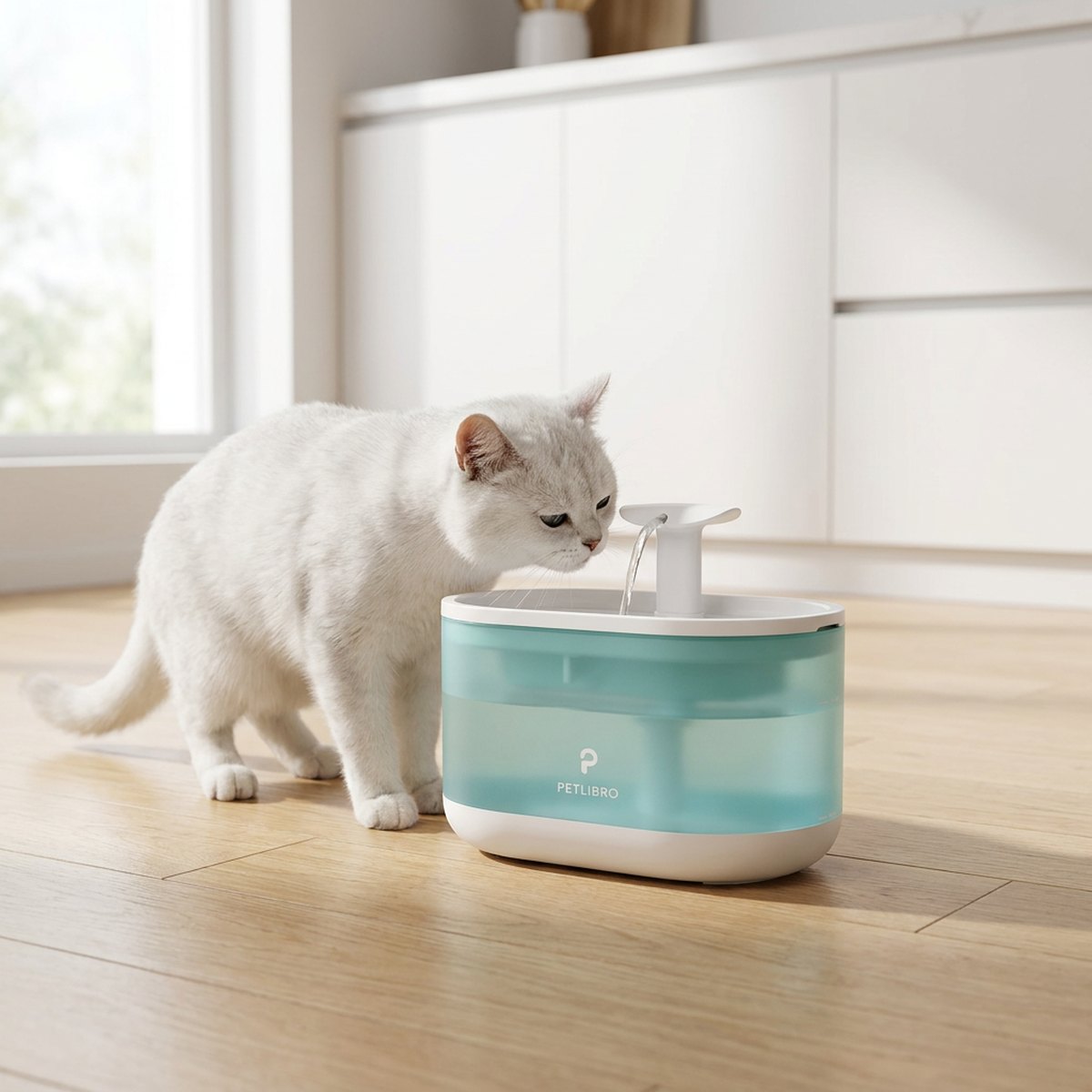 Vit katt som dricker ur en Petlibro Capsule vattenfontän med turkos genomskinlig kropp på ett köksgolv