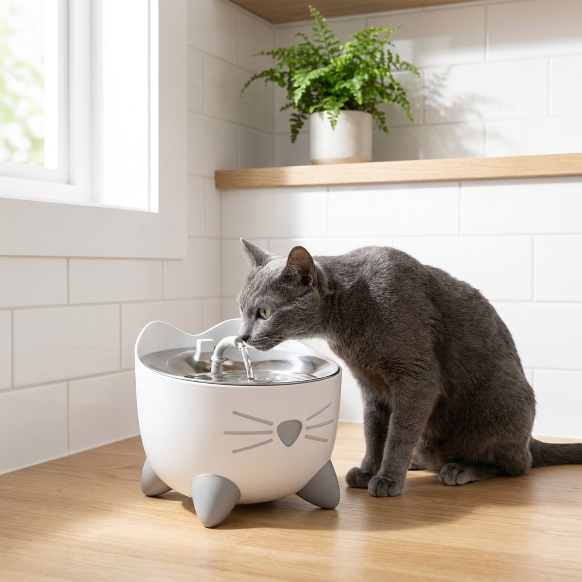 Grå katt som dricker ur en vit Catit PIXI Smart vattenfontän med kattansiktsform och rostfri skål