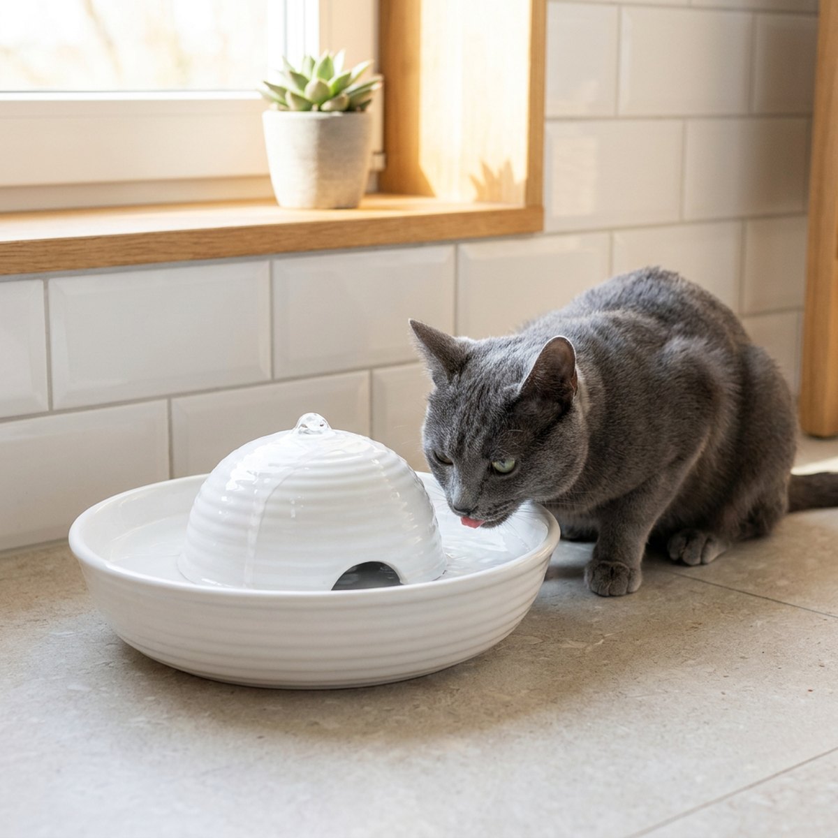 Grå katt som dricker ur en vit keramisk Trixie Vital Flow vattenfontän med kupol-mittpjäs i ett badrum