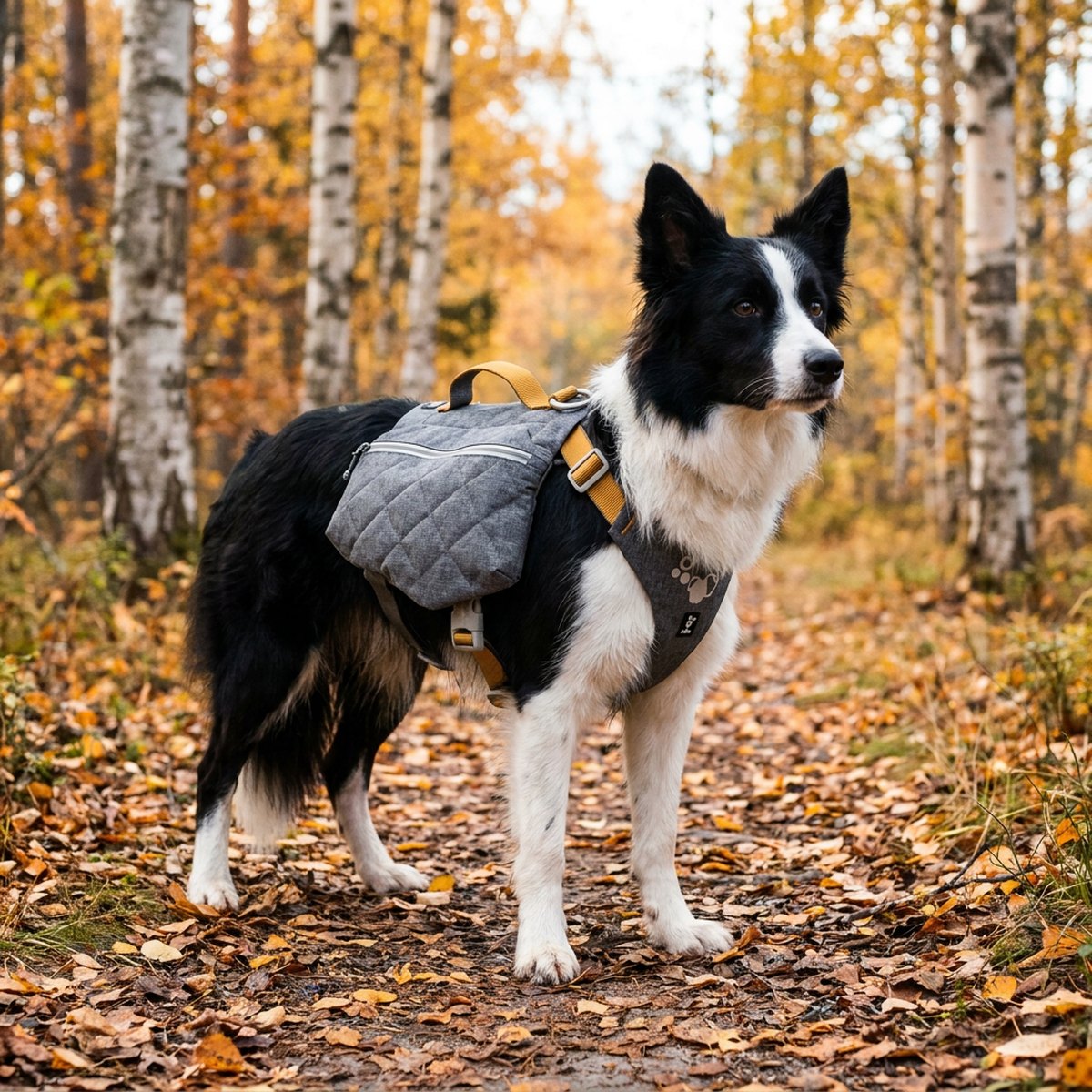 Border collie med grå Hurtta Expedition Pack ECO klövjeväska på höstpromenad i björkskog