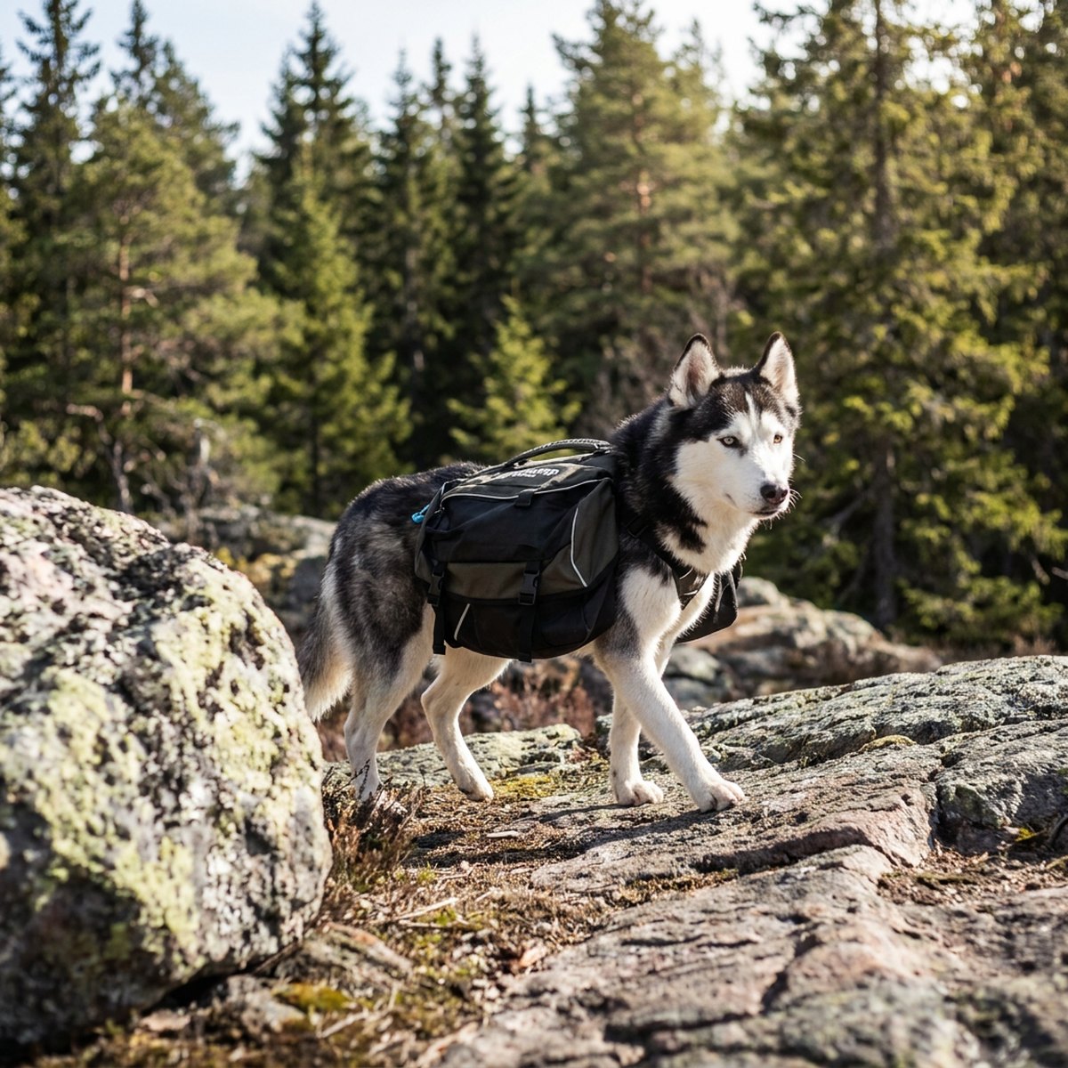 Husky som bär en mörk Non-stop Amundsen Pro-Dog Backpack i klippig terräng