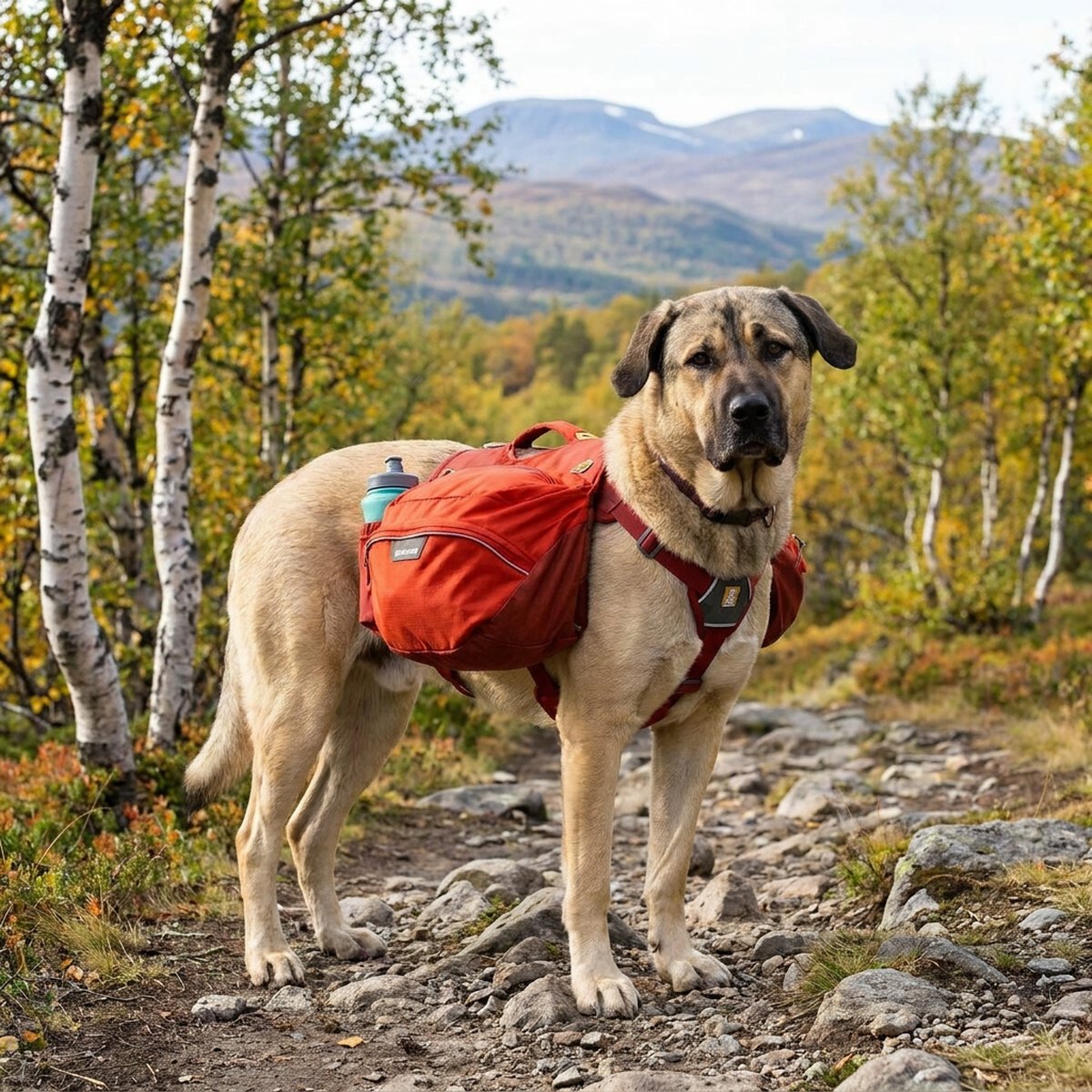 Stor hund med röd Ruffwear Palisades Pack klövjeväska på fjällstig i höstlandskap