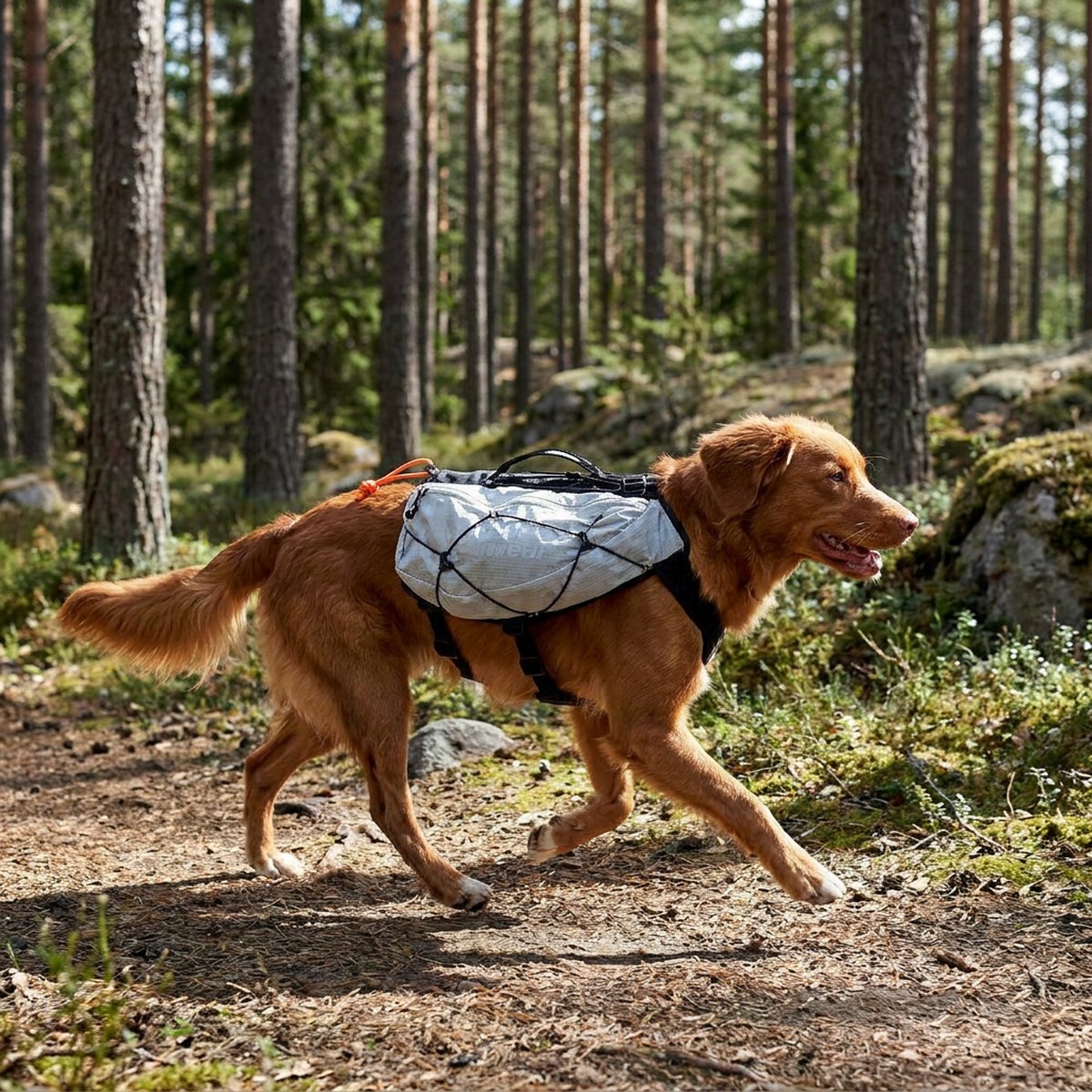 Aktiv hund som springer med ljusgrå Non-stop Trail Light klövjeväska i skogen