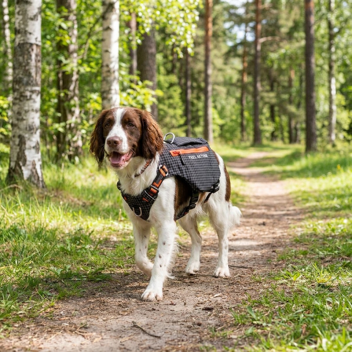 Spaniel som bär svart Feel Active Trekbag kombinationssele och ryggsäck på skogsväg