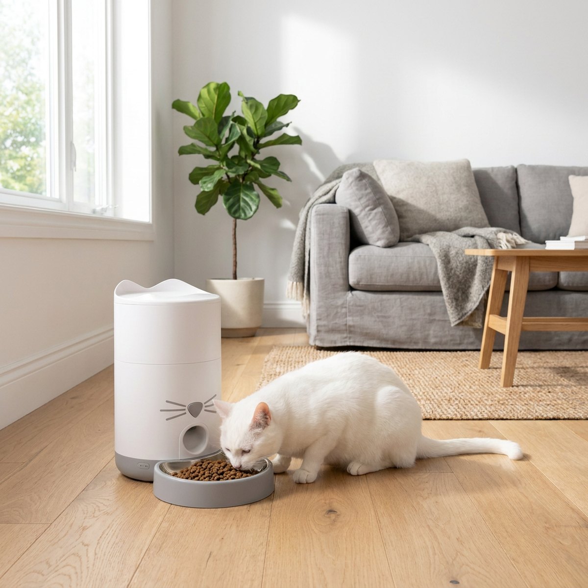 Vit katt som äter ur en vit cylindrisk Catit PIXI-foderautomat med kattansiktsdesign och grå skål i ett ljust skandinaviskt vardagsrum