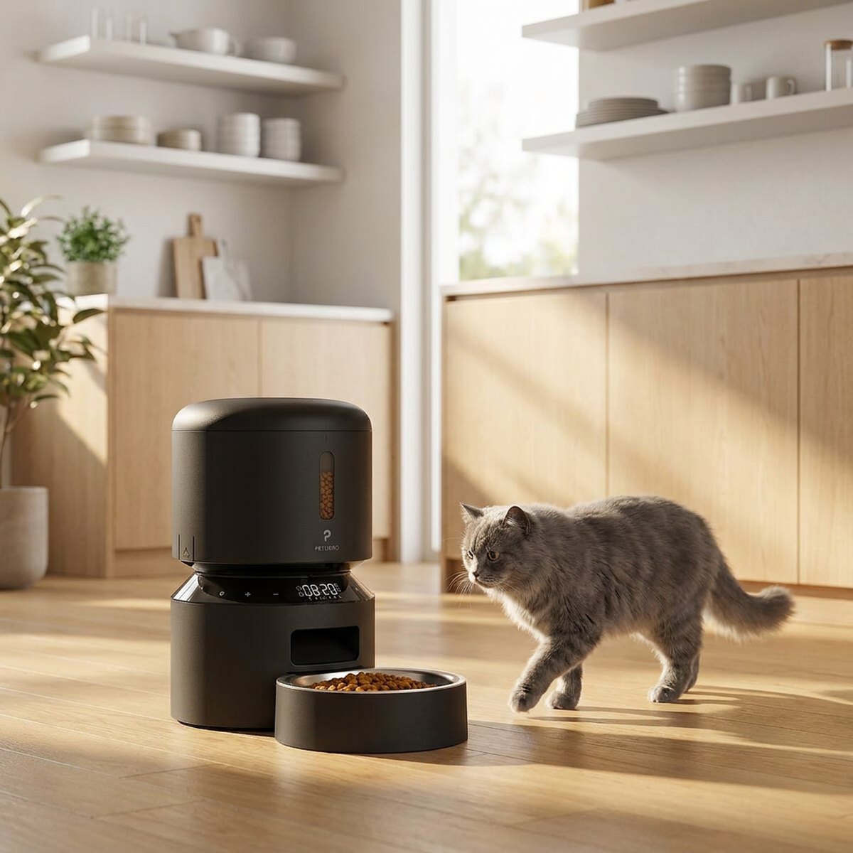 Grå katt som närmar sig en svart cylindrisk Petlibro Granary 3L-foderautomat med digital display på ett trägolv i ett skandinaviskt kök