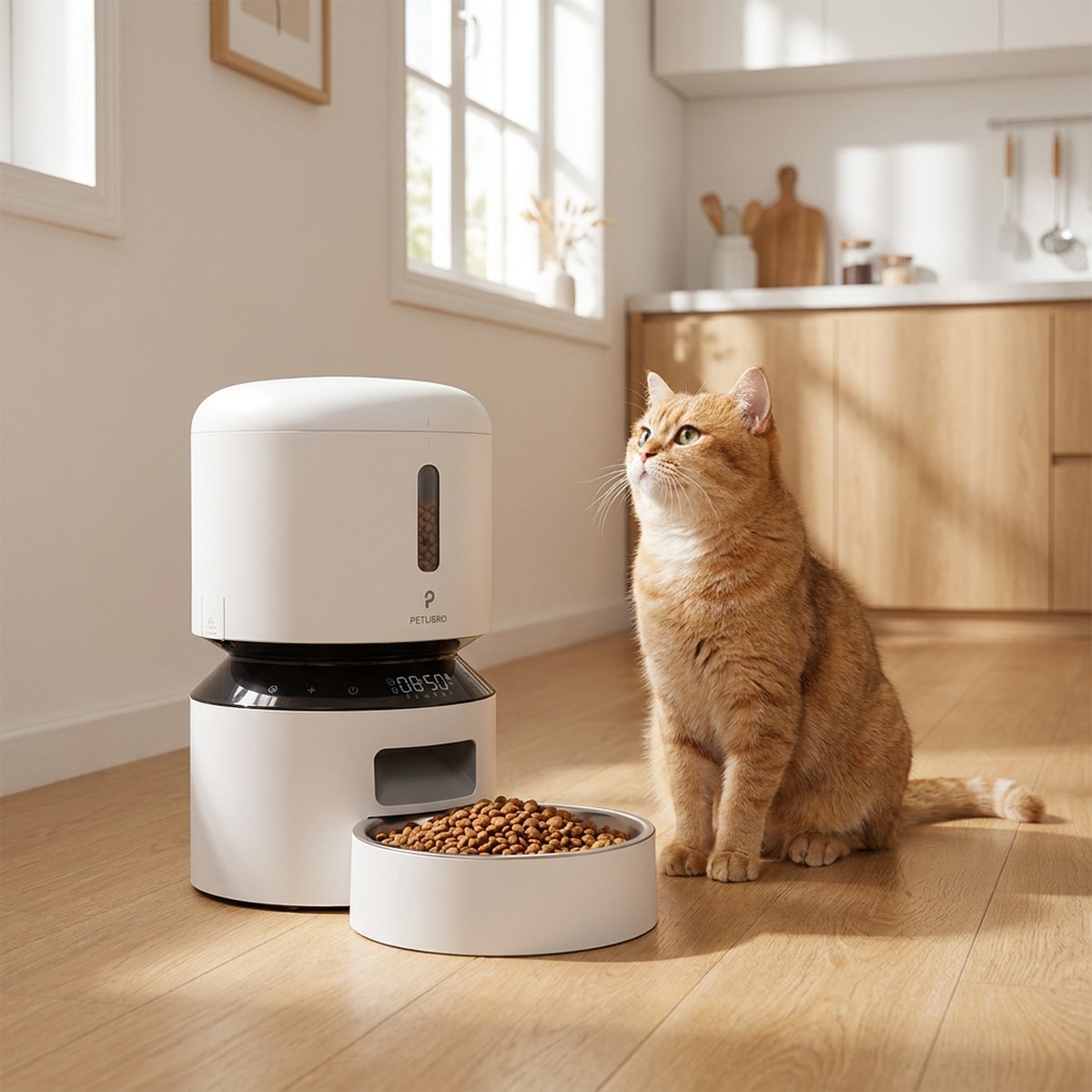 Röd katt som sitter bredvid en vit automatisk Petlibro foderautomat med digital display på ett ljust trägolv i ett skandinaviskt kök